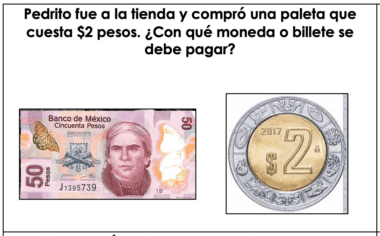 Una imagen que muestra un billete de 50 pesos a la izquierda y una moneda de 2 pesos a la derecha. El texto en español de arriba dice: "Pedrito fue a la tienda y compró una paleta que cuesta $2 pesos. ¿Con qué moneda o billete se debe pagar?". Esta es una hoja para trabajar monedas y billetes.